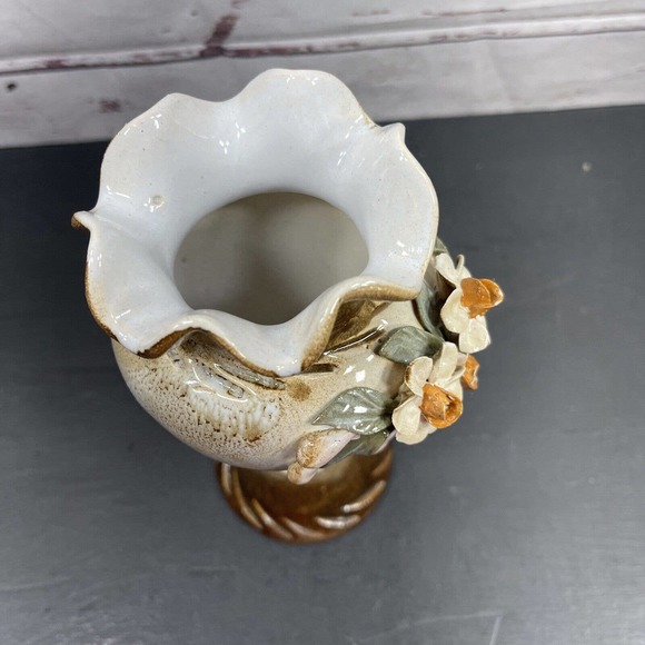 Vintage Studio Art Pottery 8 Inch Vase Applied Leaves Flowers Signed - Picture 5 of 8